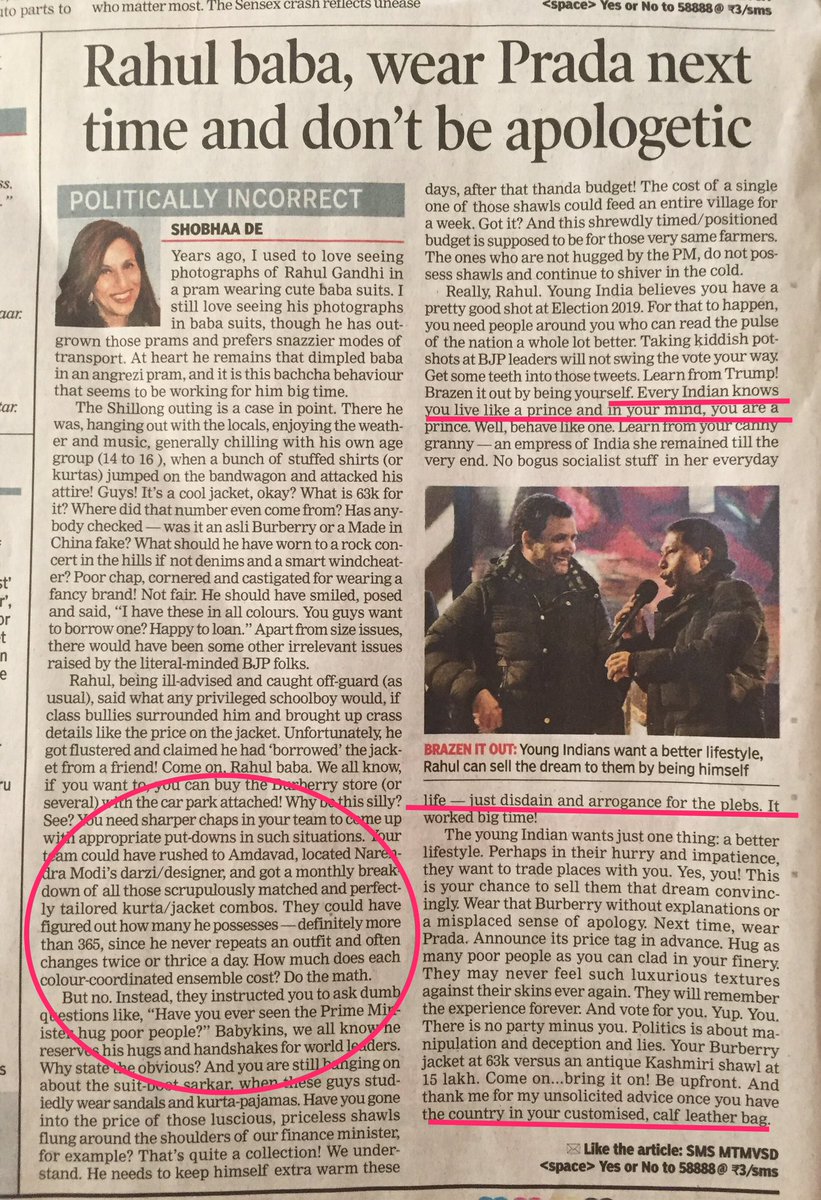 BesuraTaansane's tweet photo. Article by @DeShobhaa 👇epitomises the deep rooted hatred Indias #EntitledElite have for Modi Hindus n d common man of India in genera-Keywords to note: "Modi doesnt hug poor" calling RaGa "Prince" calling masses as "Plebs" n last reference to "Calf leather" https://t.co/nlGVwXUHOz