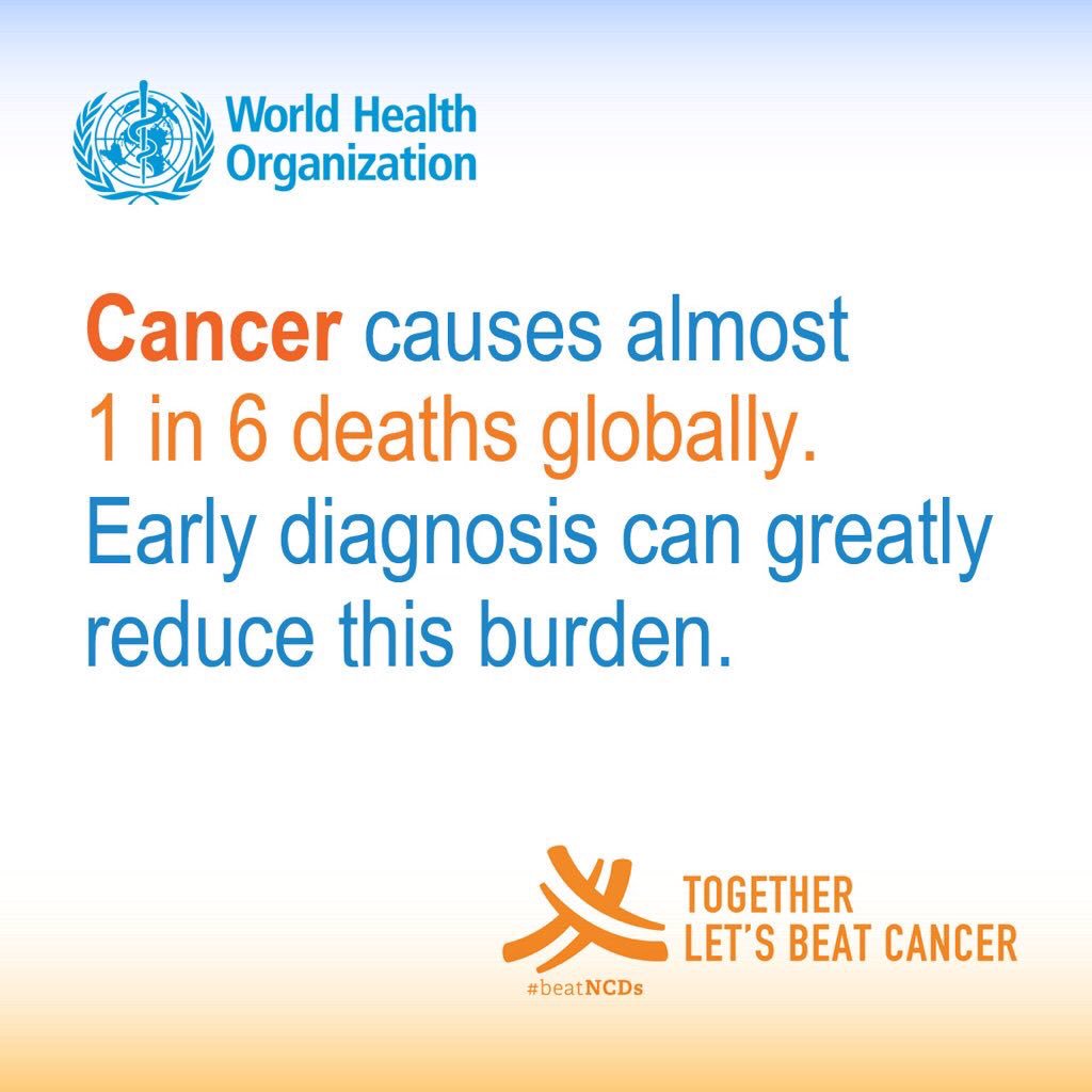 WHO's tweet image. #Cancer is the second leading cause of death globally, and was responsible for 8.8 million deaths in 2015. bit.ly/2DYT2bA  #WorldCancerDay