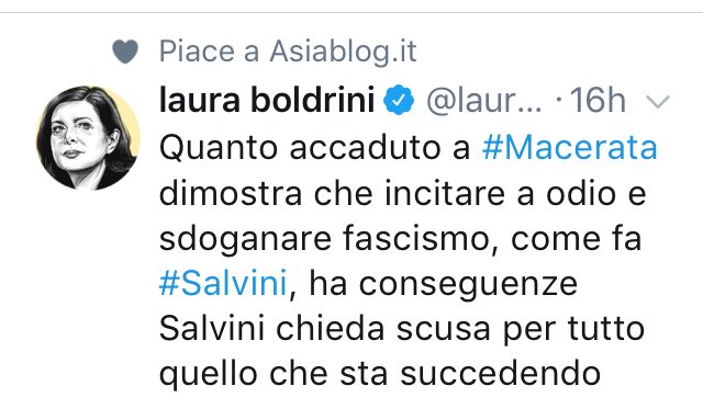 roberto_marcato's tweet photo. Solo una curiosità lei lo dice da Presidente della #Camera dei #Deputati o da candidata con #LiberieUguali avversaria di #MatteoSalvini ? #Macerata #Sparatoria #Pamela #Salvini #Lega @matteosalvinimi @LegaSalvini @lauraboldrini https://t.co/GSBCPifqFs