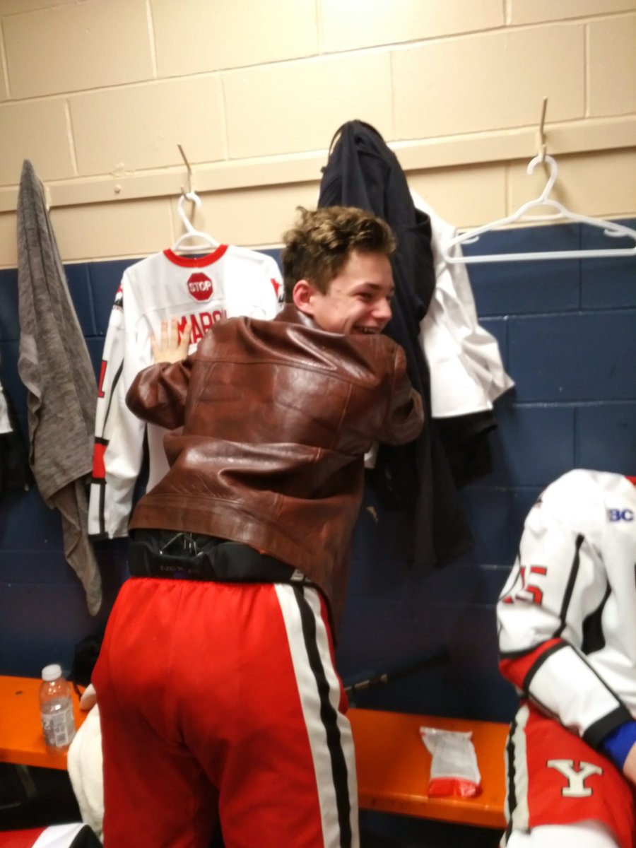 YRivermen's tweet photo. Marsh does his Nacho Libre impression after receiving the Reggie Dunlop player of the game jacket in a tough loss this afternoon. Back at it tomorrow morning 11:00 start. #TrueNorthernPride #HockeyYukon #ChanceOil https://t.co/GofmEQtHmc https://t.co/rGVP8uX6Mb