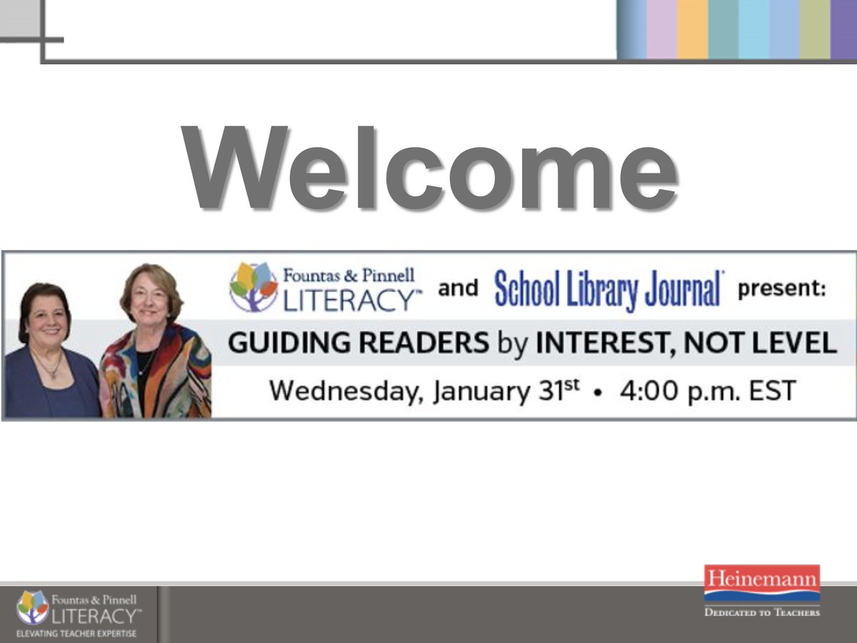 In case you missed it, here is a free recording of the webinar, “Guiding Readers By Interest, Not Level," co-hosted by Fountas &amp; Pinnell with <a href="/sljournal/">SchoolLibraryJournal</a>. "A level is a teacher’s tool, NOT a child’s label." -Irene Fountas and Gay Su Pinnell #FPLiteracy hubs.ly/H09TQWK0