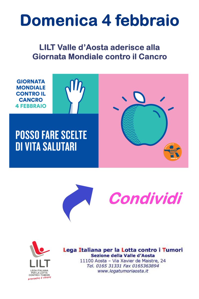 LILTVdA's tweet photo. La LILT propone di partecipare alla campagna  #WorldCancerDay #WeCanICan, raccontando e condividendo le nostre storie e semplicemente postando sui social network il messaggio  “We can. I can” (Noi possiamo. Io posso). https://t.co/jqERGexZSQ