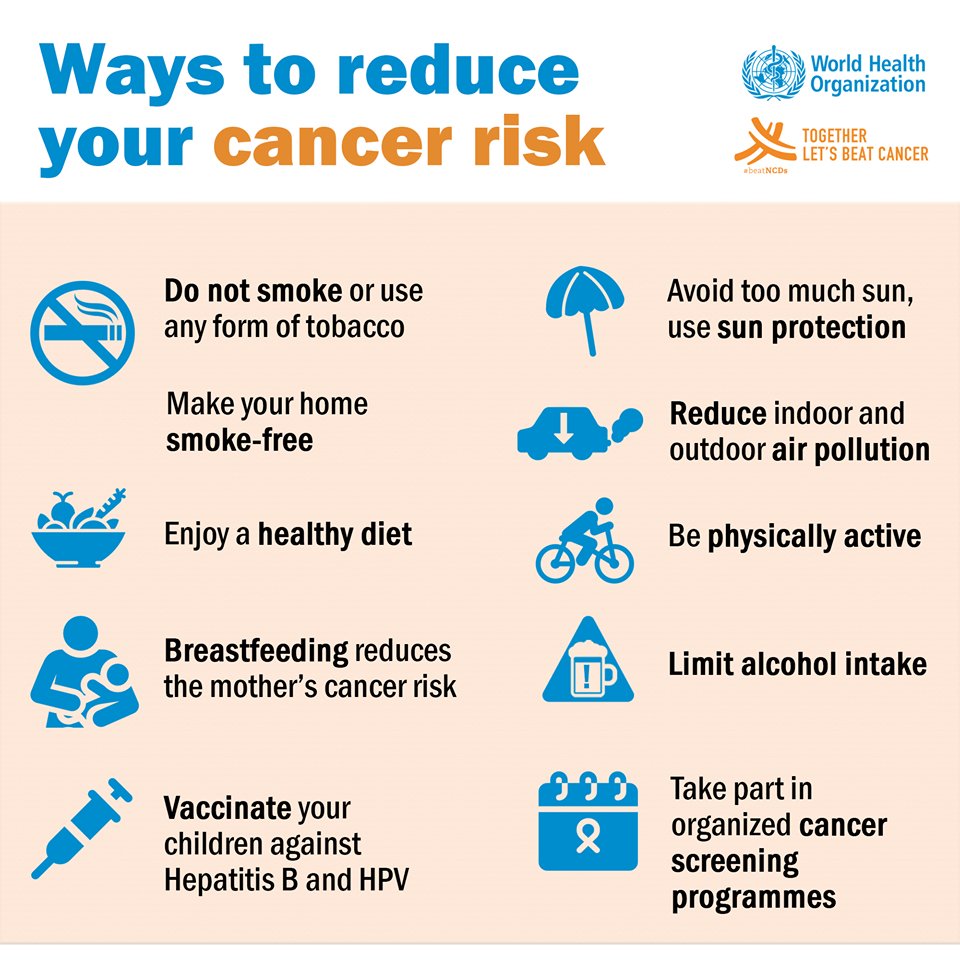 UNinIndia's tweet image. On #WorldCancerDay, here are 8 ways to reduce risk of #cancer
🚭Do not smoke
🍲Eat healthily
🤱Breastfeeding reduces mother's risk
💉Vaccinate against Hepatitis B &amp;amp; HPV
🌞Use sun protection
🚗Reduce pollution
🚴‍♂️Be active
🍺Limit alcohol intake

More: bit.ly/2hujn3D