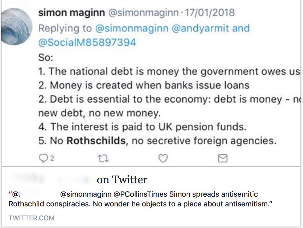 Keywords like ‘Rothschild’. And they found it! So they republished my tweet, with a comment that I was ‘spreading anti-Semitic conspiracy theories’. 3