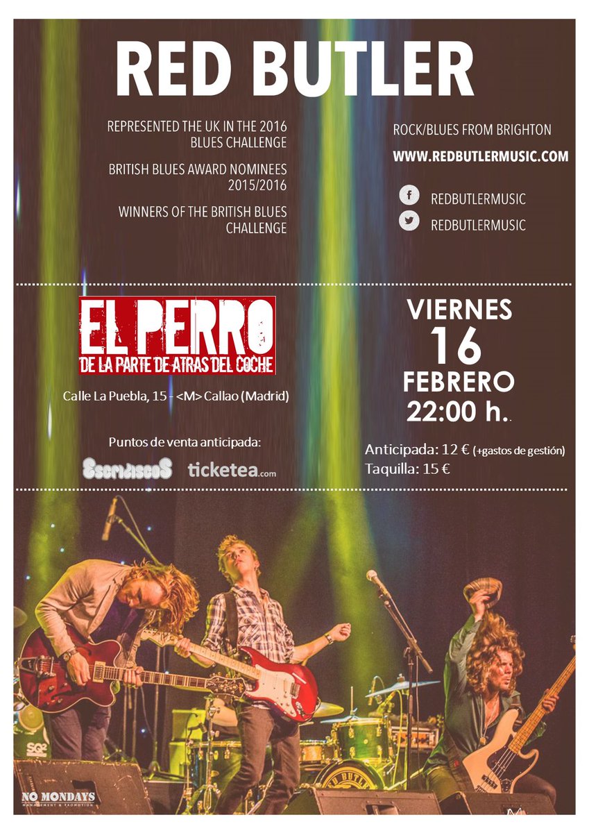 NoMondaysPromo's tweet photo. Red Butler rememoran el mejor #BluesRock facturado durante décadas en las islas británicas. Reminiscencias de #JeffBeck #GaryMoore #RoryGallagher #ThinLizzy. Te los vas a perder? Entradas @Escridiscos @ticketea #BluesPower #Madrid 16 febrero #ElPerroClub https://t.co/TlDH59CXO4 https://t.co/50Dlo6ApTf