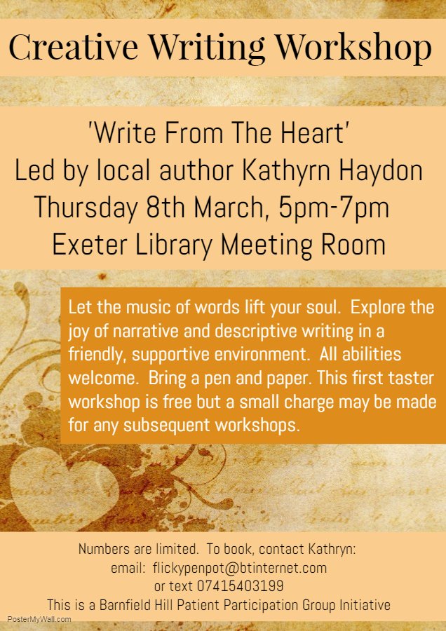 JayneLeaverCB's tweet image. Looking to try something new? FREE creative writing workshop. @WellbeingExeter