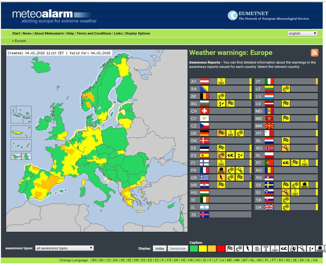 Meteoalarm map and table showing current orange and yellow weather warnings in Europe, per country