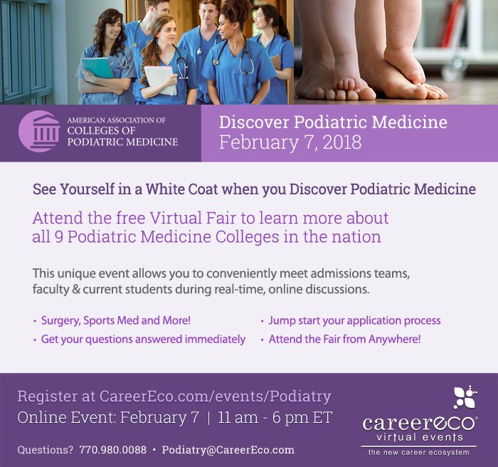CareerEco's tweet image. Meet representatives from all nine of the US Podiatric Medical Schools in this live virtual setting on February 7th!
Register now at: careereco.com/twevents/podia…
#podiatricmedicine #podiatry #medicalschool #medstudent #medschool #premed #doctorofpodiatry
