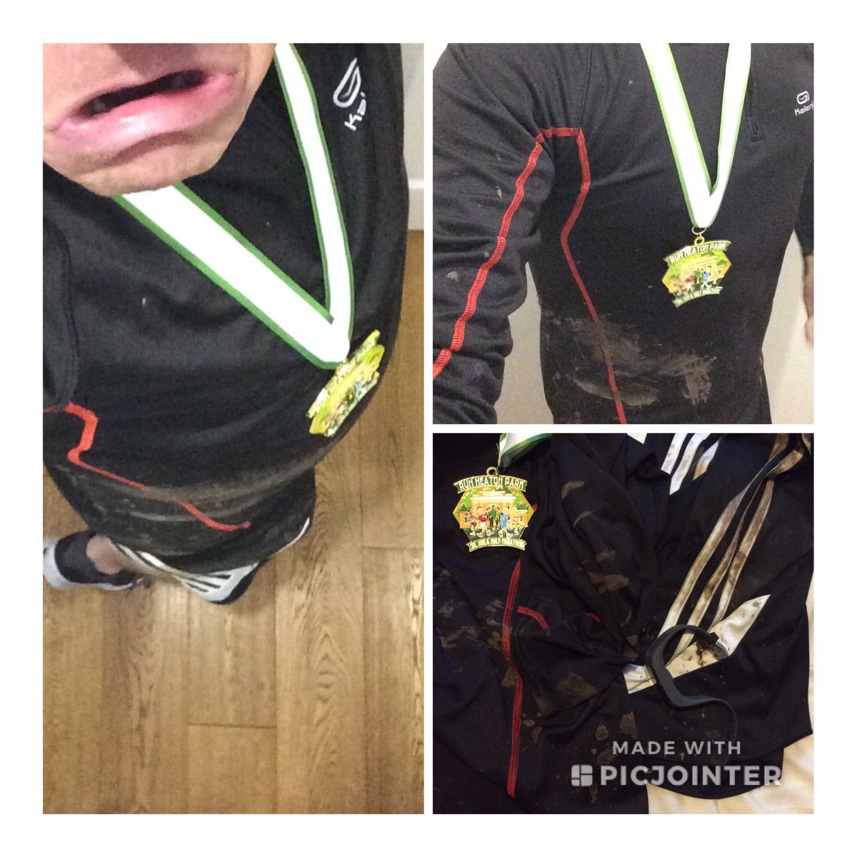 OfficiallyDjE's tweet photo. The elation of finishing...
...followed by the humiliation of slipping flat on your arse down a muddy hill as you collect your medal...
#heatonpark10k #runthroughuk #10k #running 😩 https://t.co/ca9MjyLZ9x