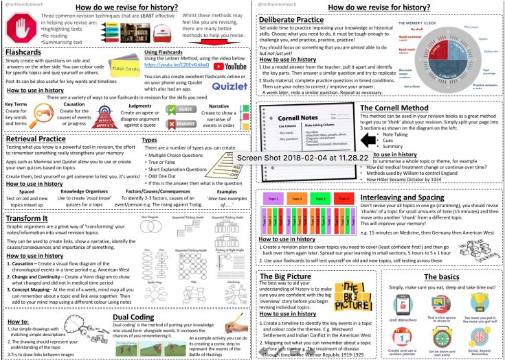 MrThorntonTeach's tweet photo. Free Resource: How do we revise for history? Guidance Sheet. 
Thanks to @HuntingEnglish @acethattest @SandResearch @olivercavigliol @impactwales @MissBKearns and @mchsresearch for inspiration. https://t.co/S95pznjWel https://t.co/yZ2tqukBwg