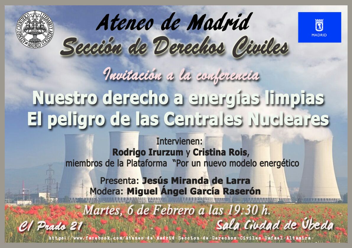 NuModEnergetico's tweet photo. El martes 6 de febrero, nuestros compañer@s Cristina Rois y Rodrigo Irurzun @ir0ds de la Px1NME impartirán una conferencia sobre derecho a la energía limpia y riesgo nuclear en el @ateneodemadrid https://t.co/OHkv3QAF5H https://t.co/NbY9F4Qb4h