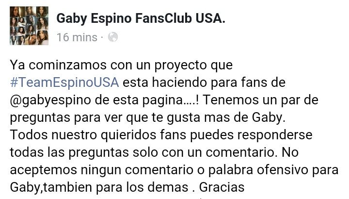 GabyEspinoStyle's tweet photo. Vayan en Facebook Gaby Espino FansClub USA ya comienza #ProyectoParaLosFans #TeamEspinoUSA @gabyespino ahi son las reglas y de bajo son las preguntas! A ver quien de nuestros amig@s esta totalmente 💗 con Gaby! Buenos dias y GRACIAS https://t.co/t386YLONsa