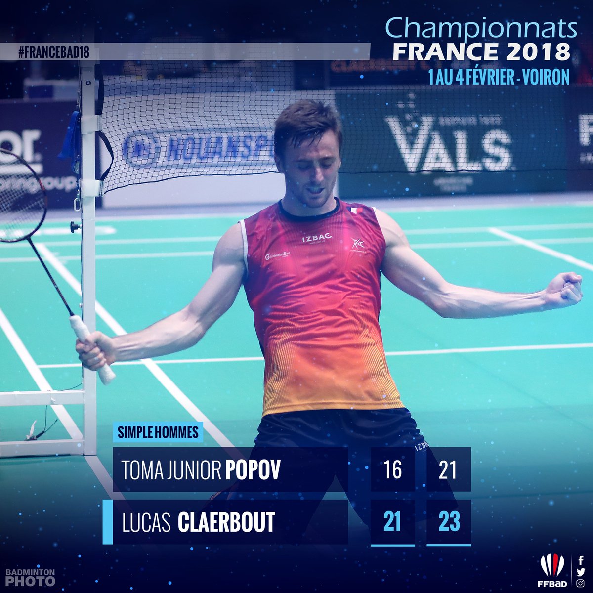 #FranceBad18🇫🇷

🏆 Après 2 finales perdues (en 2016 et 2017), Lucas Claerbout est enfin sacré champion de France aux dépends de Toma Junior Popov, après un match très solide !