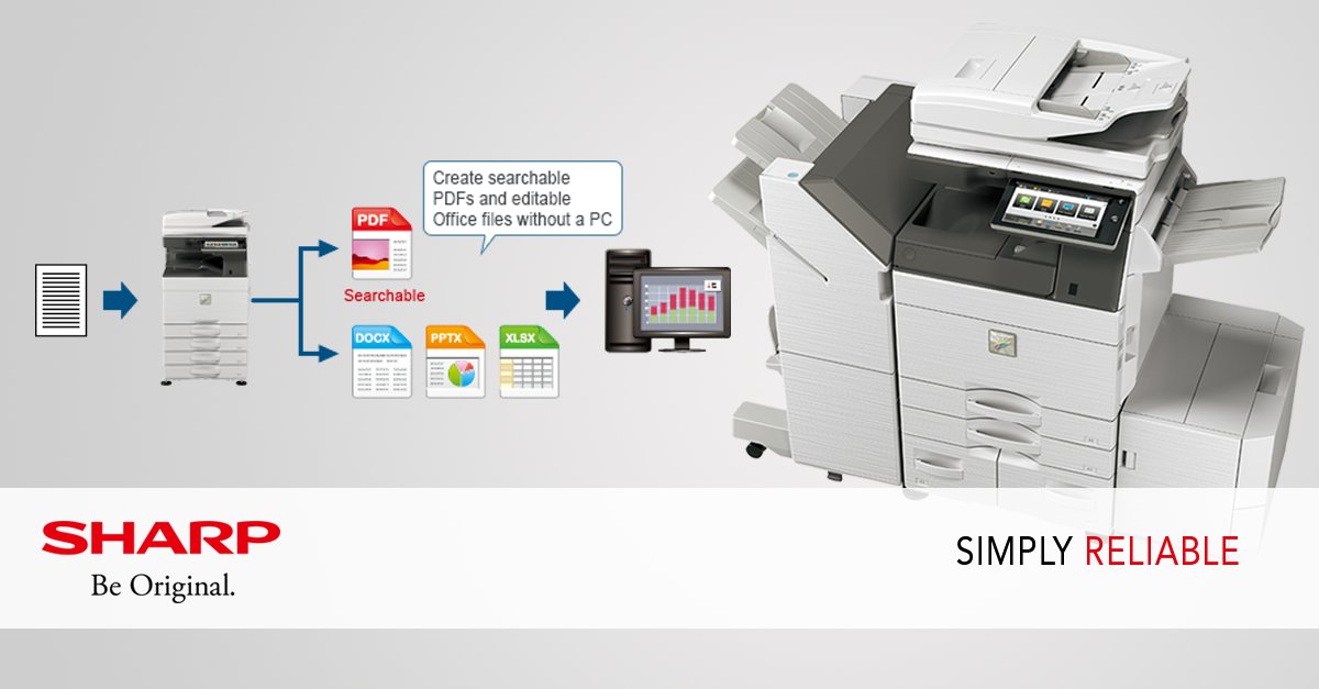 SharpSolMEA's tweet photo. Easily convert scanned documents into editable document formats (pptx, xlsx, docx) and searchable PDFs. Inquire about this feature: https://t.co/gi2ejiSmK3 #Printer #Prints #MFP #SharpMEA @SharpSolMEA  #SimplyReliable https://t.co/QZmWTFmyYF