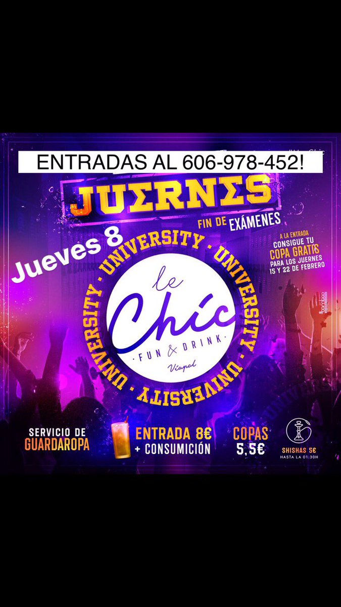 ✨ #ULTIMASENTRADAS FIESTA UNIVERSITARIA JUEVES 8 en LECHIC✨ •Entradas jueves 8 --> 8€ entrada y copa