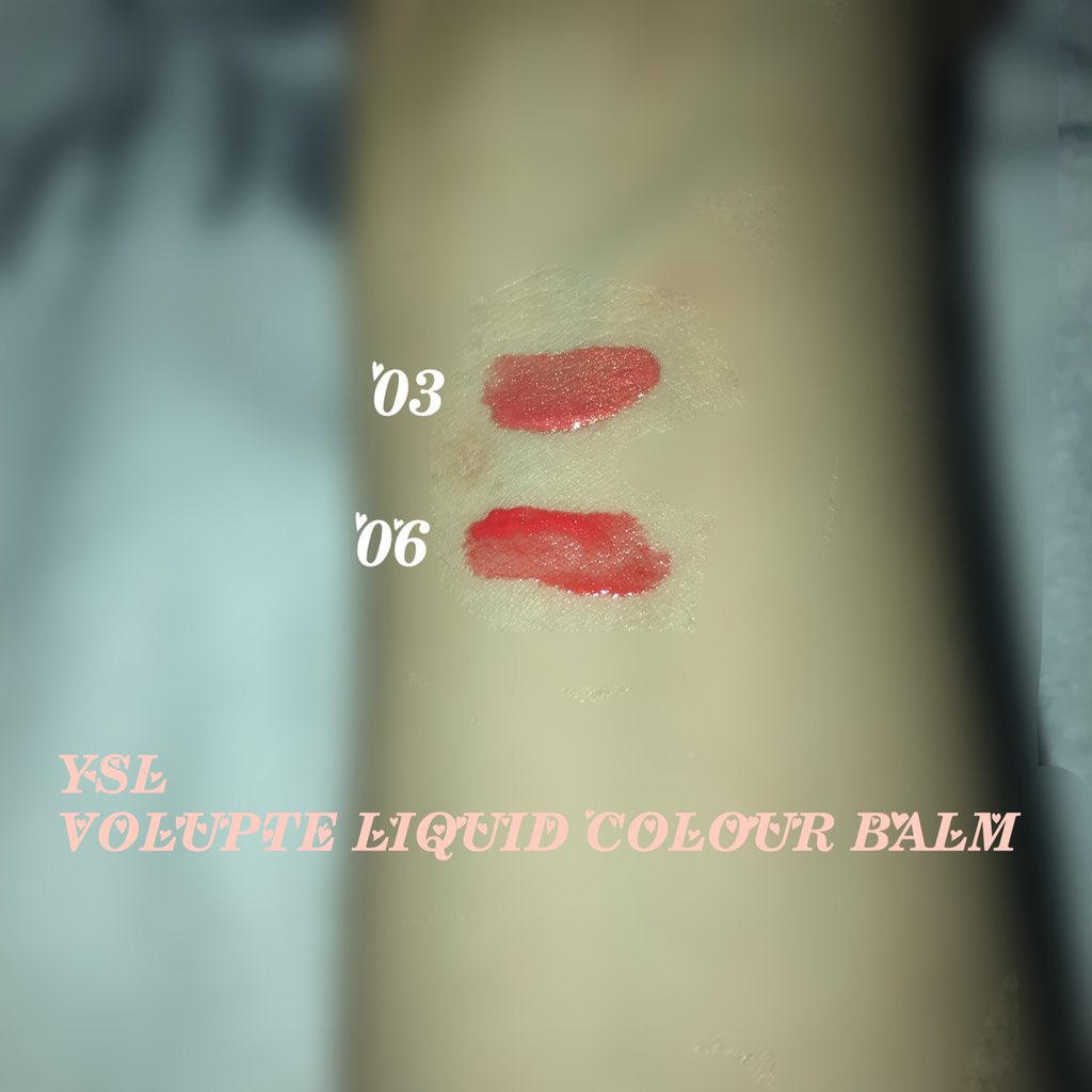 ranchan_O327's tweet photo. YSLのヴォリュプテウォーターカラーバーム03.06♡さっとつけられて色持ちもいいので現場で重宝しそう🐰03はゴールドラメたっぷりのピンクベージュ系でフォーマルなシーンにも使えそうな感じ😍06はつけると本当に顔がパッと明るくなる可愛いオレンジレッド🍊#ジャニヲタとコスメ #ジャニヲタ現場コスメ https://t.co/i7hS5pbxR5