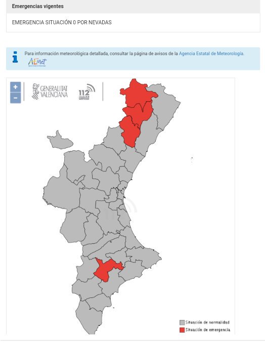 GVA112's tweet photo. 🔴El CCE de la @generalitat establece  EMERGENCIA situación 0 por #nevadas en #Castelló (#ElsPorts, #AltMaestrat, #Alcalatén). FIN de la misma situación en #Valencia (Interior de #LaCostera, #VallDAlbaida) y #Alacant (#ElComptat, #AltVinalopo). Difundido a agències y municipios https://t.co/GbfiKHXI4h