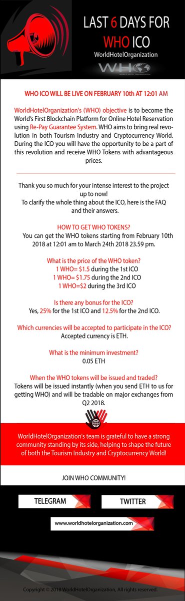 LAST 6 DAYS FOR THE #ICO ! 
$WHO IS COMING!
WORLD'S FIRST RE-PAY SYSTEM
#REVOLUTION IN THE #CRYPTOCURRENCY WORLD