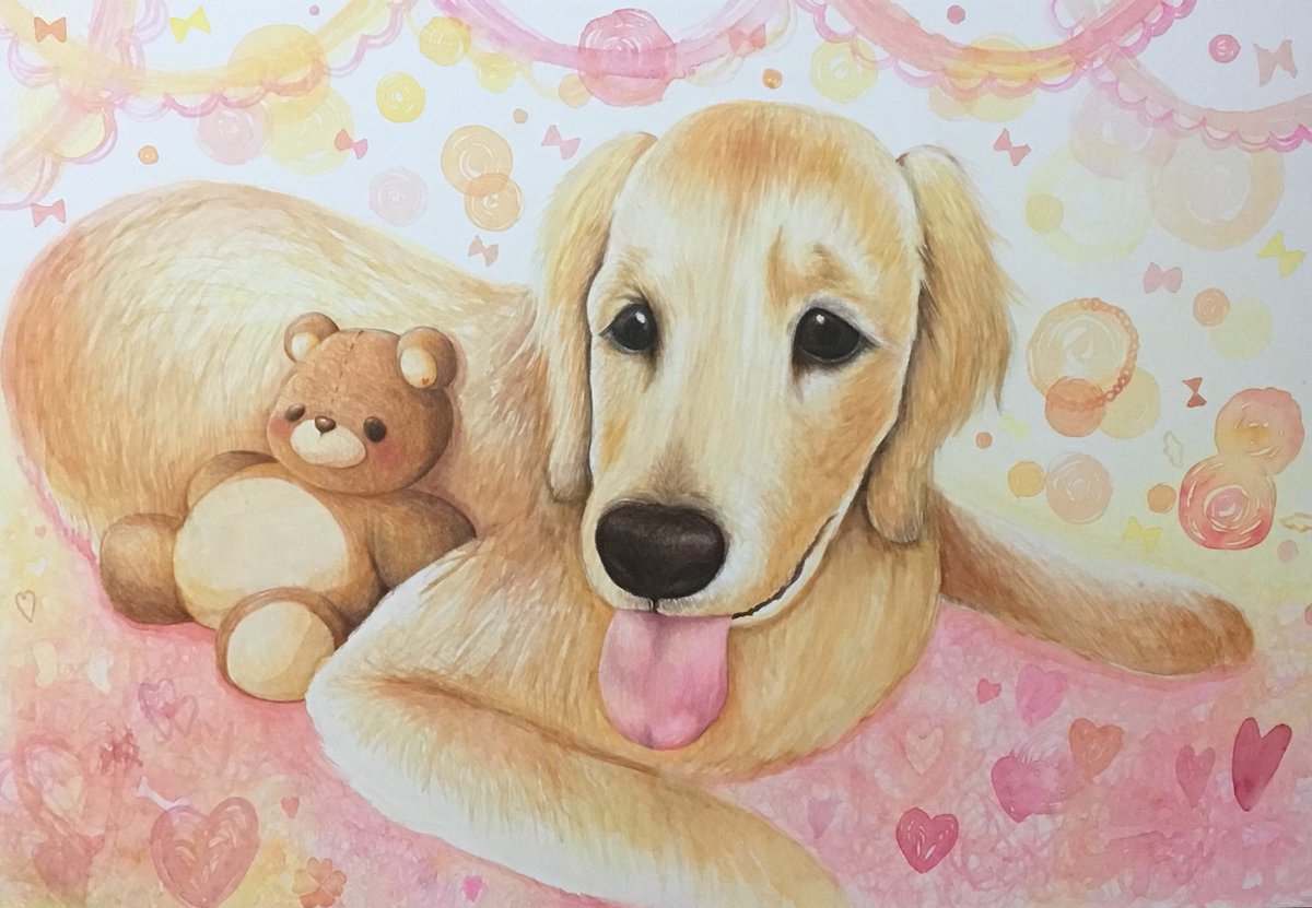 うさ Twitterissa 依頼イラスト その わんことぬいぐるみのくまちゃん 依頼者から飼っている犬とかわいいくまのぬいぐるみとセットで描いてほしいということで描かせていただきました ご依頼ありがとうございます サイズ 今回使った画材 透明