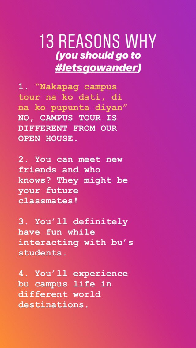 _nicoleacuna's tweet photo. CALLING ALL GRADE 10 & GRADE 12 STUDENTS!!!
Here are the 13 REASONS why you should go to our OPEN HOUSE this coming Feb 10, Saturday! π€π
#ReadySetWander
#BUWanderer https://t.co/rbeQAhyS2U