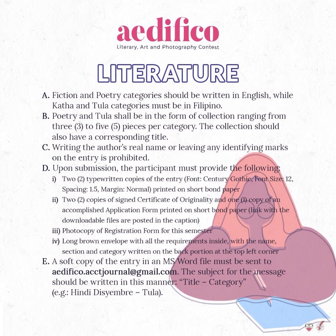 UST_AcctJournal's tweet photo. Take part in showcasing the artistic side of the UST-AMV community!
Here are the general mechanics and the specific guidelines for each field of Aedifico, the first ever Literary, Art and Photography Contest in UST-AMV College of Accountancy.
(1/2)
#Aedifico2018 ❤️ https://t.co/h2K2bd85e1