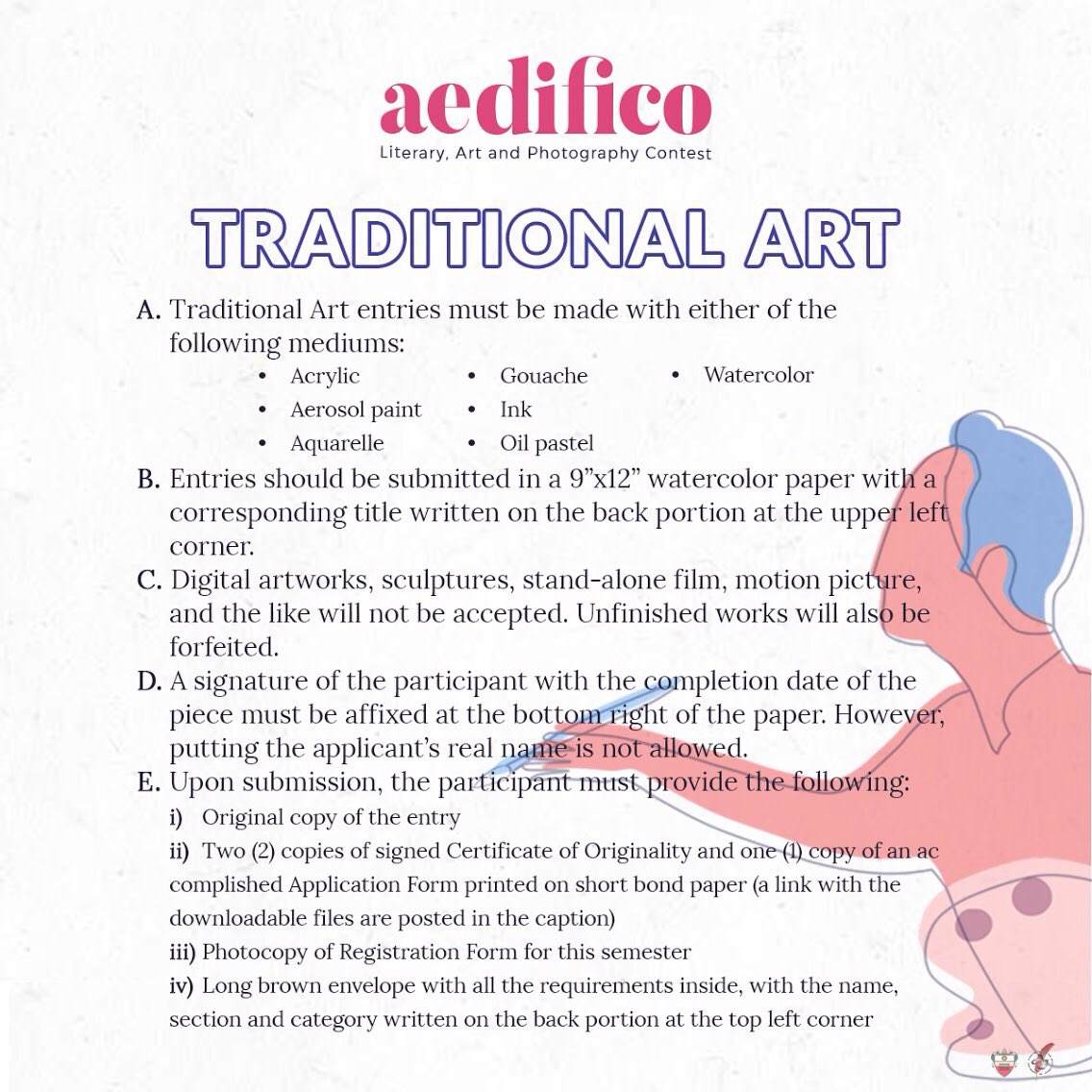 UST_AcctJournal's tweet photo. Take part in showcasing the artistic side of the UST-AMV community!
Here are the general mechanics and the specific guidelines for each field of Aedifico, the first ever Literary, Art and Photography Contest in UST-AMV College of Accountancy.
(1/2)
#Aedifico2018 ❤️ https://t.co/h2K2bd85e1