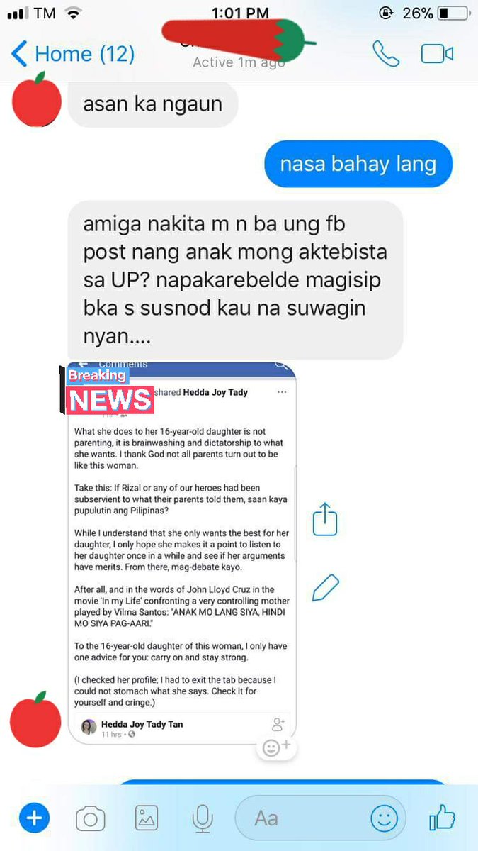 antonthefighter's tweet photo. My mom channeling her inner Jaclyn Jose's "Bitch ka lang, ako super bitch" attitude and schooled her 'amiga' for being a mahaderang frog. 

Mukhang may nasirang friendship at nagsaulian ng kandila dahil sa isang fb post ko. Lol.

Ano ba kasing problema niyo sa mga taga UP? lels https://t.co/HRUgG9iRt2