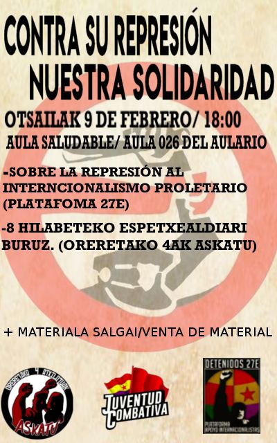 Iruñean hitzaldia animatu zaitezte!
Charla en Iruña animaos!
<a href="/JuvCombEstatal/">Juventud Combativa</a> @detenidos27E