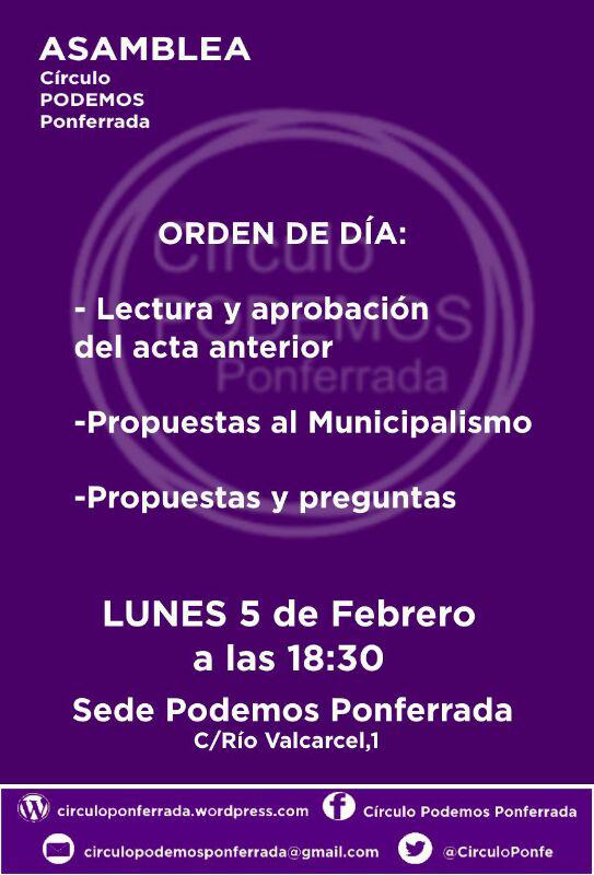 circuloponfe's tweet photo. @circuloponfe invita a participar en la asamblea de mañana 5 de Febrero, que se celebrará en la sede de Podemos en Ponferrada a las 18:30
En ella trataremos propuestas para nuestro municipio.
¡¡OS ESPERAMOS!! https://t.co/BIdCLJPM2T