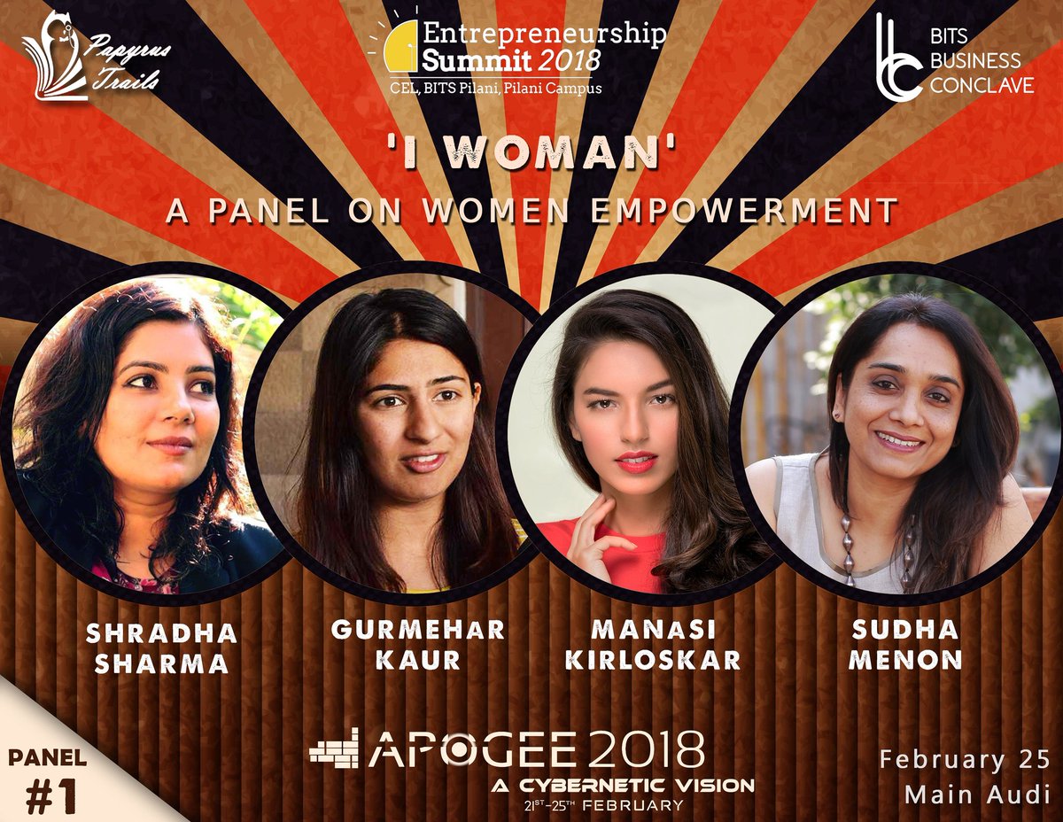 BITSApogee's tweet photo. Papyrus Trails, BBC and E-Summit present the first panel this APOGEE.
#1 Shradha Sharma
#2 Gurmehar Kaur
#3 Manasi Kirloskar
#4 Sudha Menon https://t.co/p7RmyKtRTV