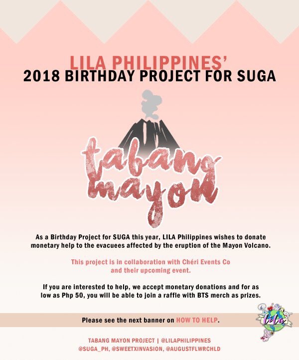 LilaPhilippines's tweet photo. ➖”TABANG MAYON” Project➖
A Charity Project for SUGA’s Birthday this 2018

✨In collaboration with @CheriEventsCo
✨ For as low as Php 50, you can already help others + get a chance to win BTS merch!
✨ Pls read banners for more details.
✨Donors Form: https://t.co/ijGUBkfmMG https://t.co/t8Zzmhz3Vl