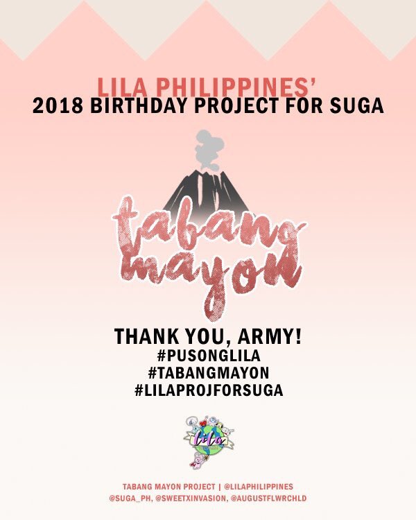 LilaPhilippines's tweet photo. ➖”TABANG MAYON” Project➖
A Charity Project for SUGA’s Birthday this 2018

✨In collaboration with @CheriEventsCo
✨ For as low as Php 50, you can already help others + get a chance to win BTS merch!
✨ Pls read banners for more details.
✨Donors Form: https://t.co/ijGUBkfmMG https://t.co/t8Zzmhz3Vl