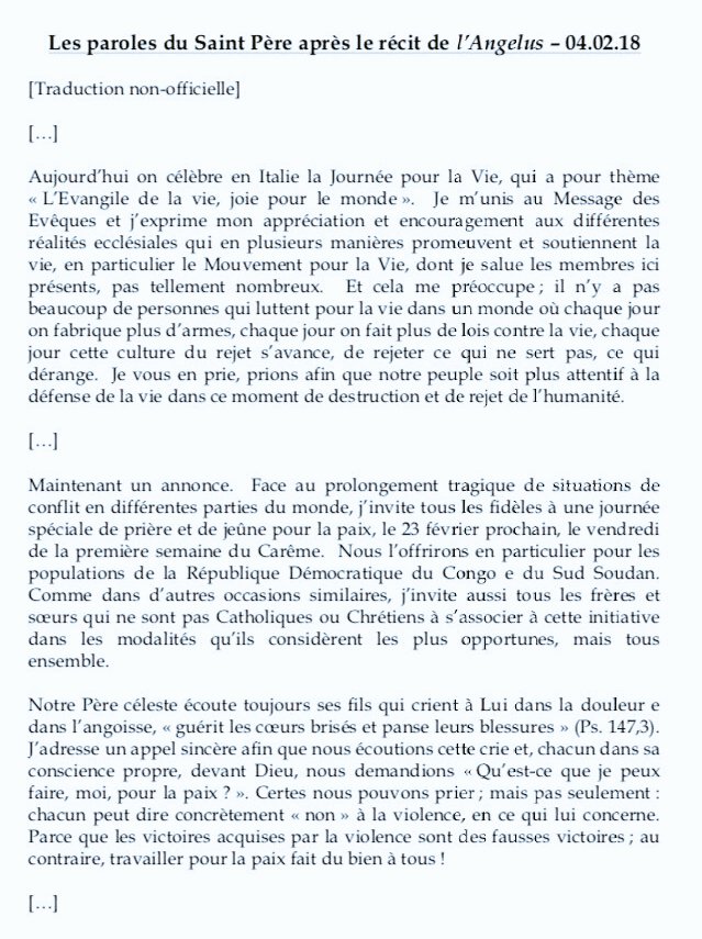 Vatican : Face au "prolongement tragique de situations de conflits, le pape François appelle à une  journée de prière et de jeûne le 23 fevrier pour la RDC et du Soudan du Sud .