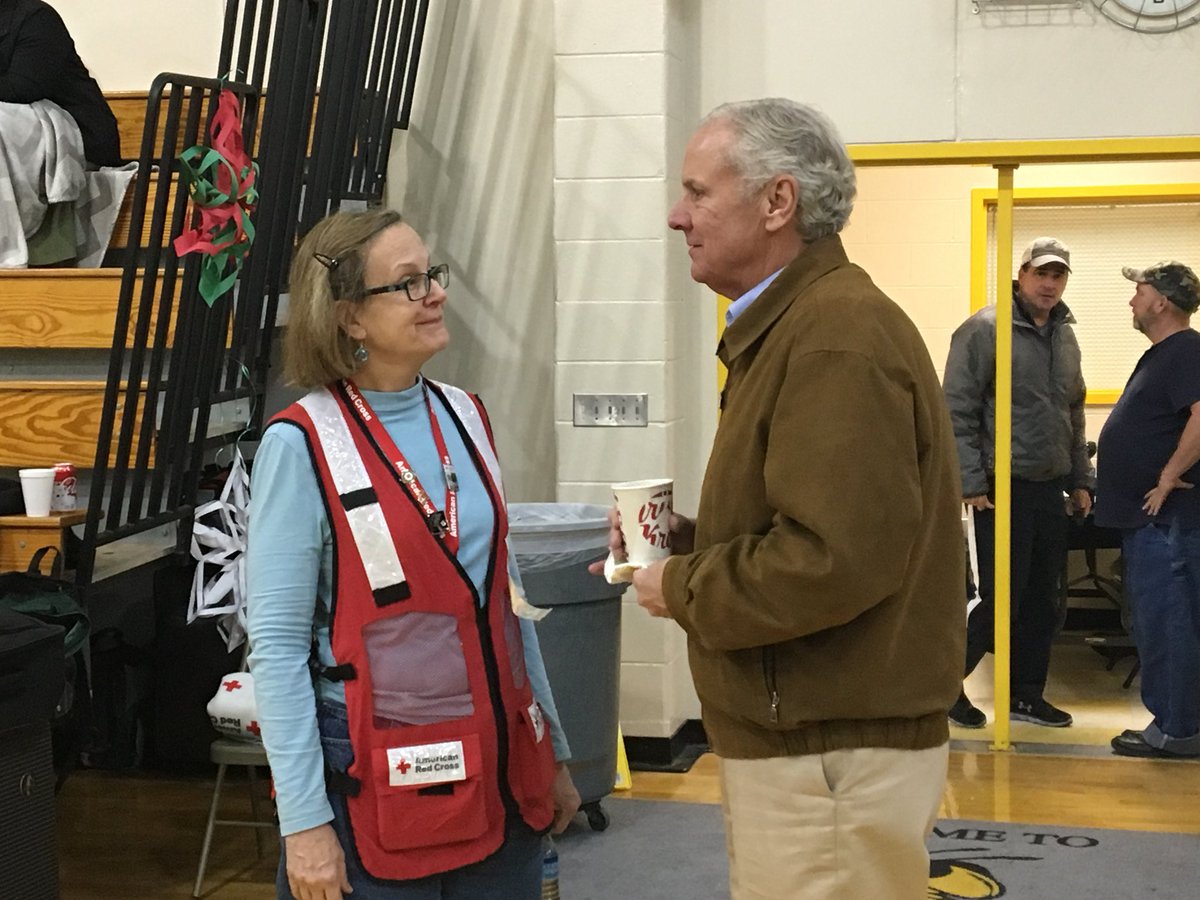 Governor <a href="/henrymcmaster/">Gov. Henry McMaster</a> stopped by the reception site to check on survivors. Here, he’s chatting with Kate, one of our disaster-trained volunteers. #scnews