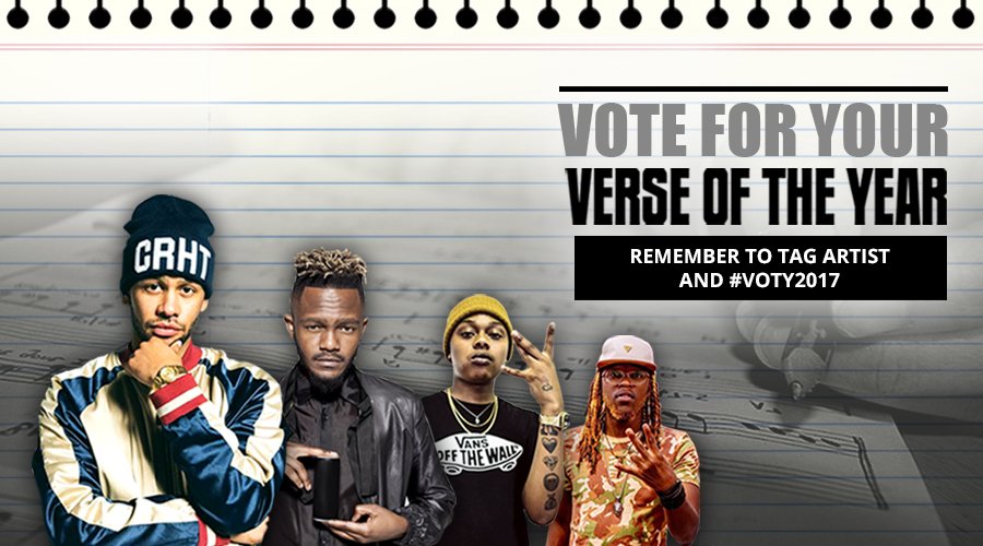 slikouron's tweet photo. Have you voted for your Verse Of The Year yet?

So far we have @YoungstaCpt, @KwestaDaKAR, @reece_youngking and @ShabZiMadallion leading the votes. Make sure you vote for your fave by tweeting #VOTY2017, artist name and song title so they can win Hennessy People’s Choice award. https://t.co/jSOOpc8zfI