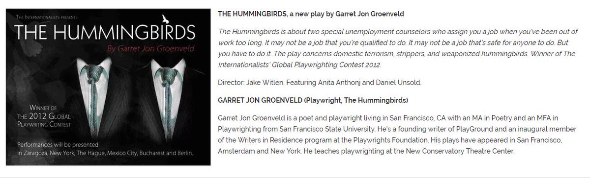 TimeWaveStudio's tweet photo. Global Playwriting Contest winner Garret Jon Groenveld's "The Hummingbirds" was streamed into London from Berlin for #VelocityLab. Directed by Jake Witlen (head Video at Schaubühne) with a fine German cast, Anita Anthonj and Daniel Unsold. #TimewaveHistory https://t.co/DcW9KZNiq6