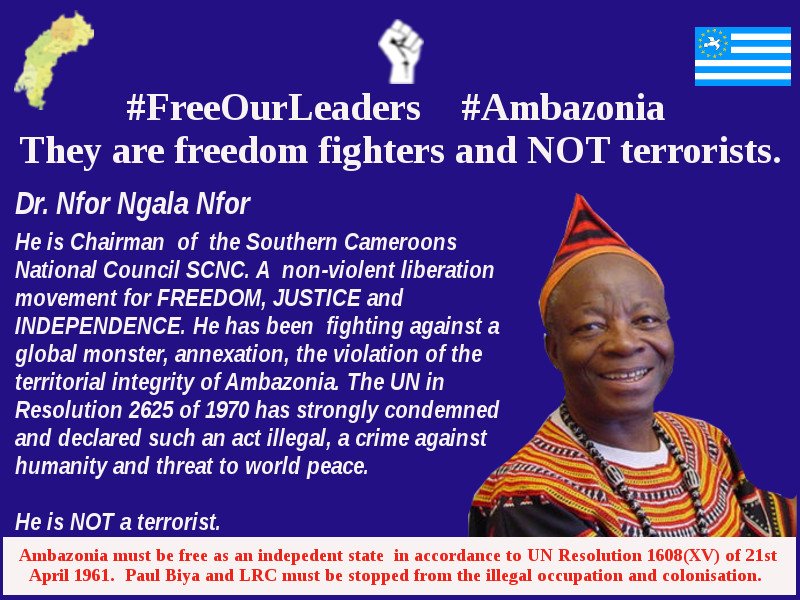 Ambaexit's tweet image. #FreeOurLeaders #FreeSouthernCameroons #FreeAllArrested Our leaders are not terrorists. They are fighting for the restoration of the statehood of former British Southern Cameroons in accordance to UN Resolution 1608 (XV) of 21st April 1961. #PaulBiya is the terrorist #AjNewsGrid
