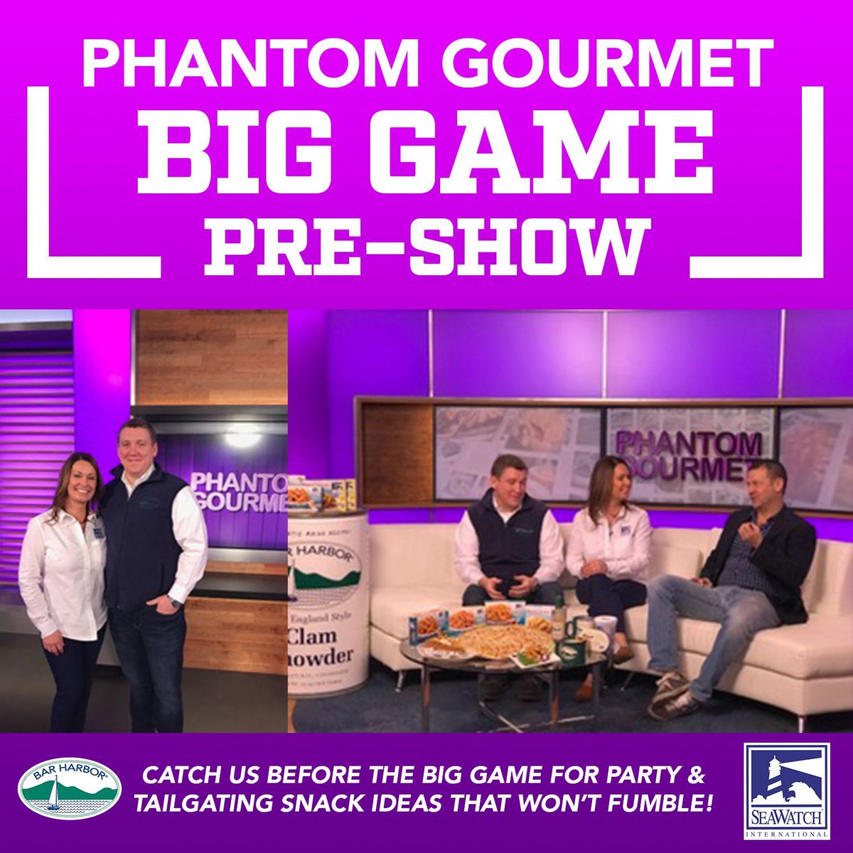 SeaWatchSeafood's tweet photo. Catch Brian Cote of @barharborfoods Foods and Marsha McVey of @seawatchint TODAY on the @PhantomGourmet Big Game Pre-Show - they will be sharing party and tailgating snack ideas! #TheBigGame #GameDay #HalftimeParty #Dips #SnackIdeas #ClamStrips #BreadedClamStrips #SeaClams #Clams https://t.co/b43t5qQaM5