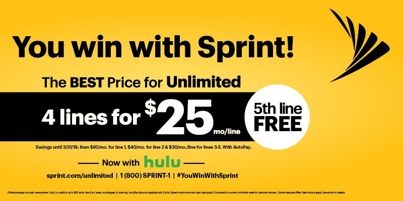 You win with Sprint and get the BEST Price for Unlimited — 4 lines $25/mo/line w/ 5th line FREE! And that now includes Hulu! Go to buff.ly/2FASFjF