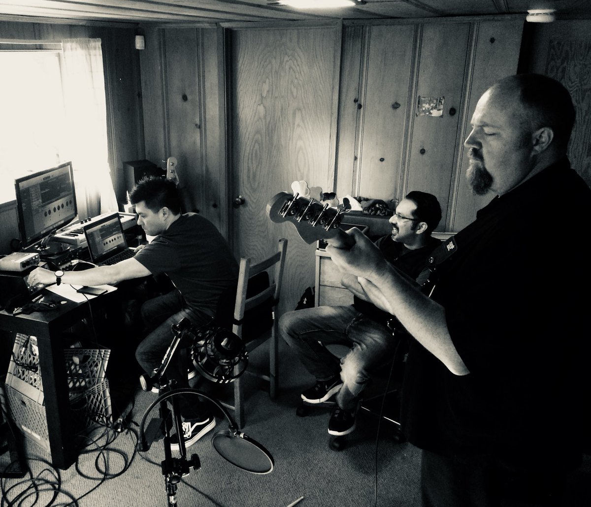 Ehren lays down some bass for Matt to tweak as Shyam looks on. #tjt #stuffishappening