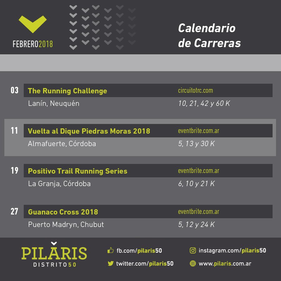 pilaris50's tweet photo. #Carrera del próximo fin de semana

Vuelta al Dique Piedras Moras 2018

11 de febrero de 2018
5, 13 y 30 K
Almafuerte, Córdoba

Mas información https://t.co/ufwZdPMpBU

#Pilaris #D50 #Vivi #Pilar #Running #Calendario https://t.co/8aENz9J6ax