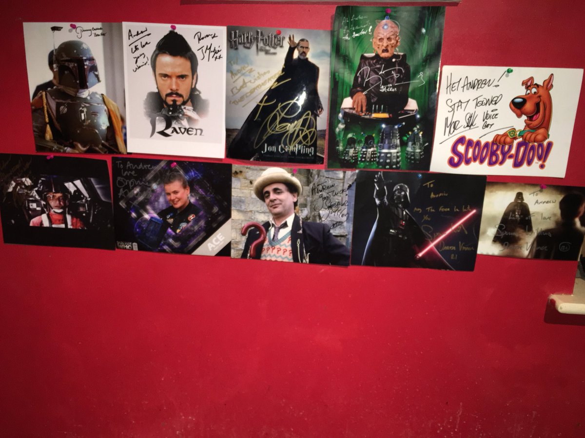 @jarmackenzie @joncampling @BigSpenWilding @marcsilk @sophie_aldred @4SylvesterMcCoy @tuckerspatch @AngusMacGold that’s my autograph wall filled it was an honour meeting you all at #CapitalSciFiCon 2017 and 2018