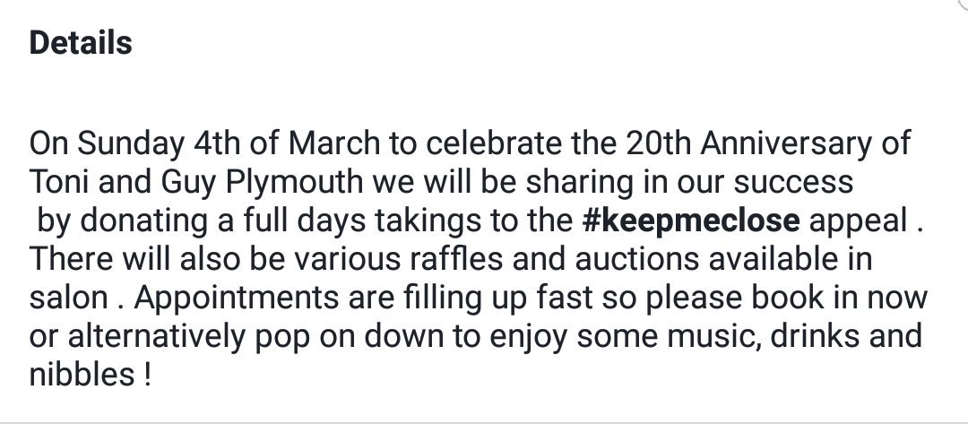 Keep Me Close Fund, Plymouth NICU (@keepmeclose2) on Twitter photo Massive thanks to <a href="/toniandguyworld/">TONI&GUY</a> #Plymouth who on the 4th March will be donating their takings to <a href="/keepmeclose2/">Keep Me Close Fund, Plymouth NICU</a> @PHNT_NHS... thank you very much for you generosity. #keepingfamiliestogether Massive thanks to <a href="/toniandguyworld/">TONI&GUY</a> #Plymouth who on the 4th March will be donating their takings to <a href="/keepmeclose2/">Keep Me Close Fund, Plymouth NICU</a> @PHNT_NHS... thank you very much for you generosity. #keepingfamiliestogether