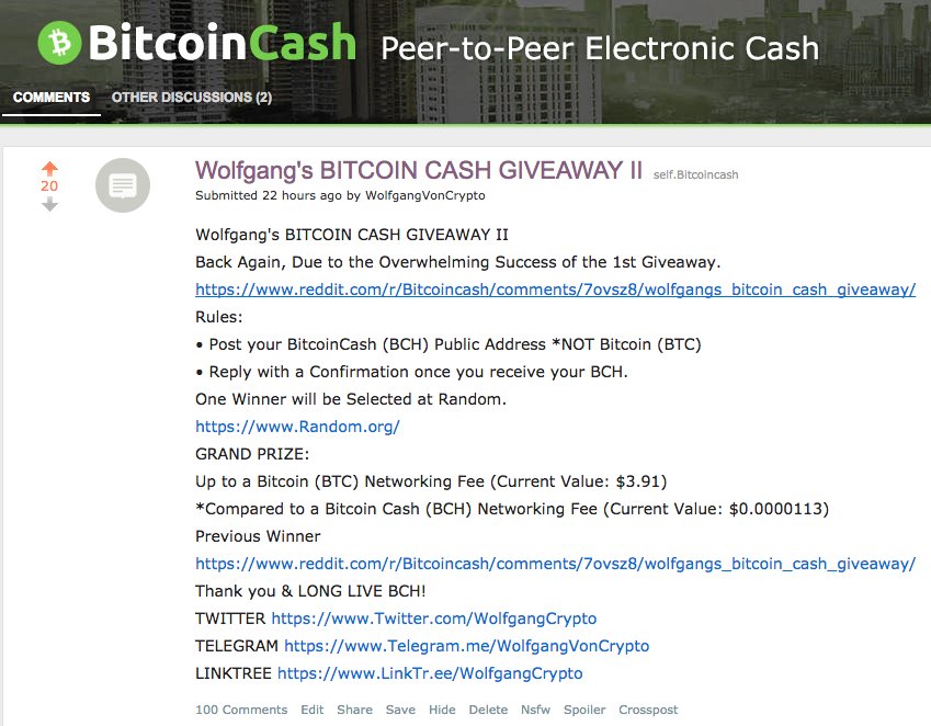 Wolfgang's
#BITCOINCASH #GIVEAWAY II on #Reddit

• Simply Upvote &amp; Enter Your Bitcoin Cash (BCH) Public Address
Click reddit.com/r/Bitcoincash/…

#blockchain #crypto #altcoins #bitcoin #btc #ethereum #free
#cryptocurrency #freecoin #ico #eth #ethereum  #btc #airdrop #cryptotwitter