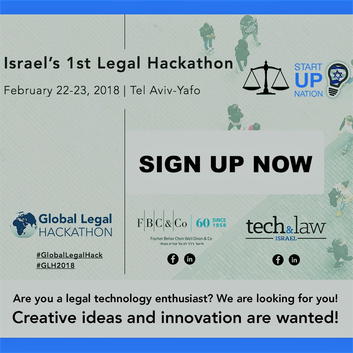 zoharfisher's tweet photo. The #startupn nation is taking part in a global event... Have you already registered?
Join us at #Israel’s 1st #Legal #Hackathon
#TelAviv - February 22-23/2018
https://t.co/53MEyE5meS
#GlobalLegalHack #GLH2018
#Legaltech @legaltechIL https://t.co/gmvf8cnIQh