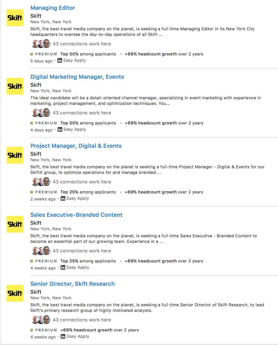 Depressed by all the bad news in media businesses these days? Don't be, <a href="/skift/">Skift</a>, the best boutique media company on the planet, has five open positions &amp; more to come soon! We are going our part to show a different way. linkedin.com/jobs/search/?f…