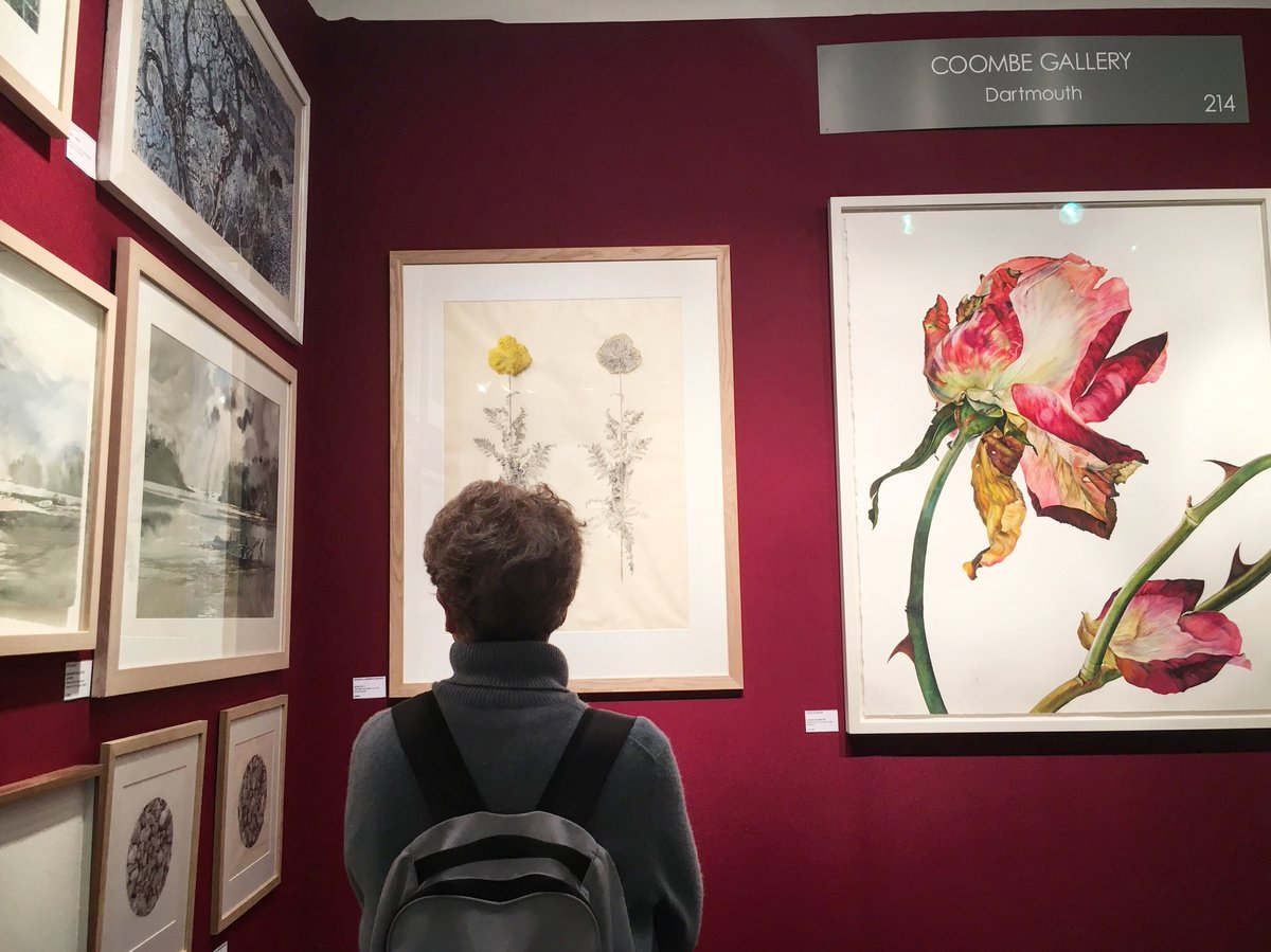 A visitor enjoying the Coombe Gallery stand. Featuring work from Rosie Sanders and Georgia Jennings Moors. <a href="/Coombegallery/">Coombe Gallery</a> #wop18 #worksonpaperfair #rosiesanders