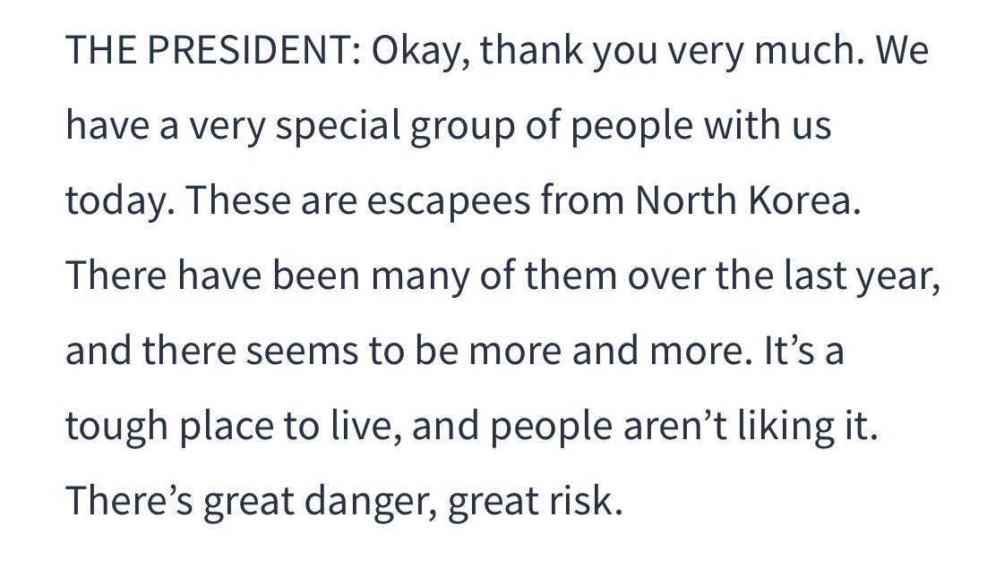 Sokeel's tweet photo. Pres Trump, talking about escapees from NK at the White House, said “there have been many over the last year, and there seems to be more and more.”
In fact 2017 saw the lowest # of NK refugees arriving in SK since 2001, amid tightening border sec &amp; crackdowns in China. https://t.co/yggvmygF1Y