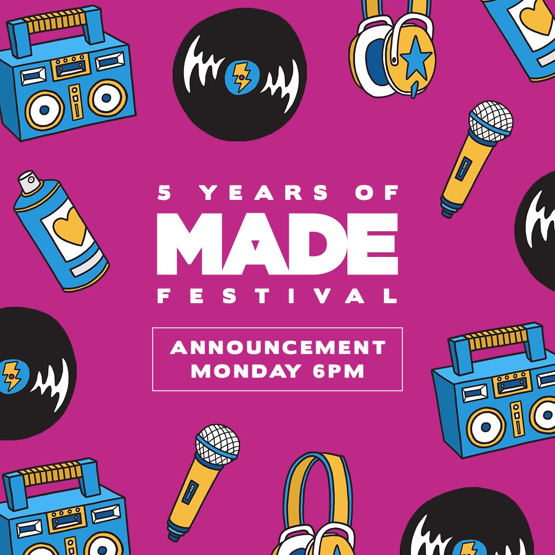 📢 MADE FESTIVAL 2018 📢 

This summer we celebrate 5 years of MADE. Monday 5th Feb at 6PM we make our first announcement. See you there! #5YEARSOFMADE

made-festival.co.uk