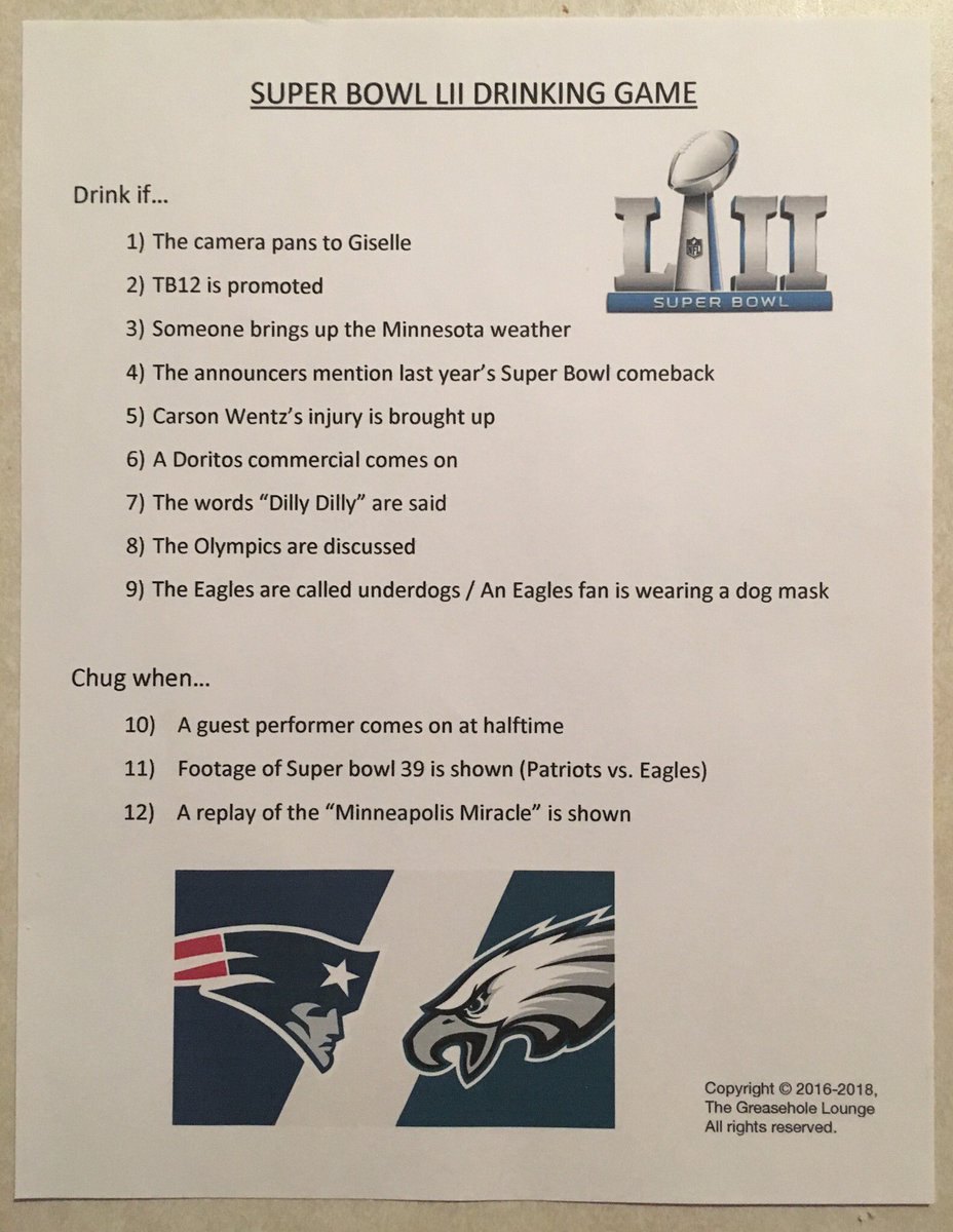 TheGreasehole's tweet photo. The official Super Bowl drinking game brought to you by The Greasehole Lounge™️ https://t.co/RGaCi0ovcP